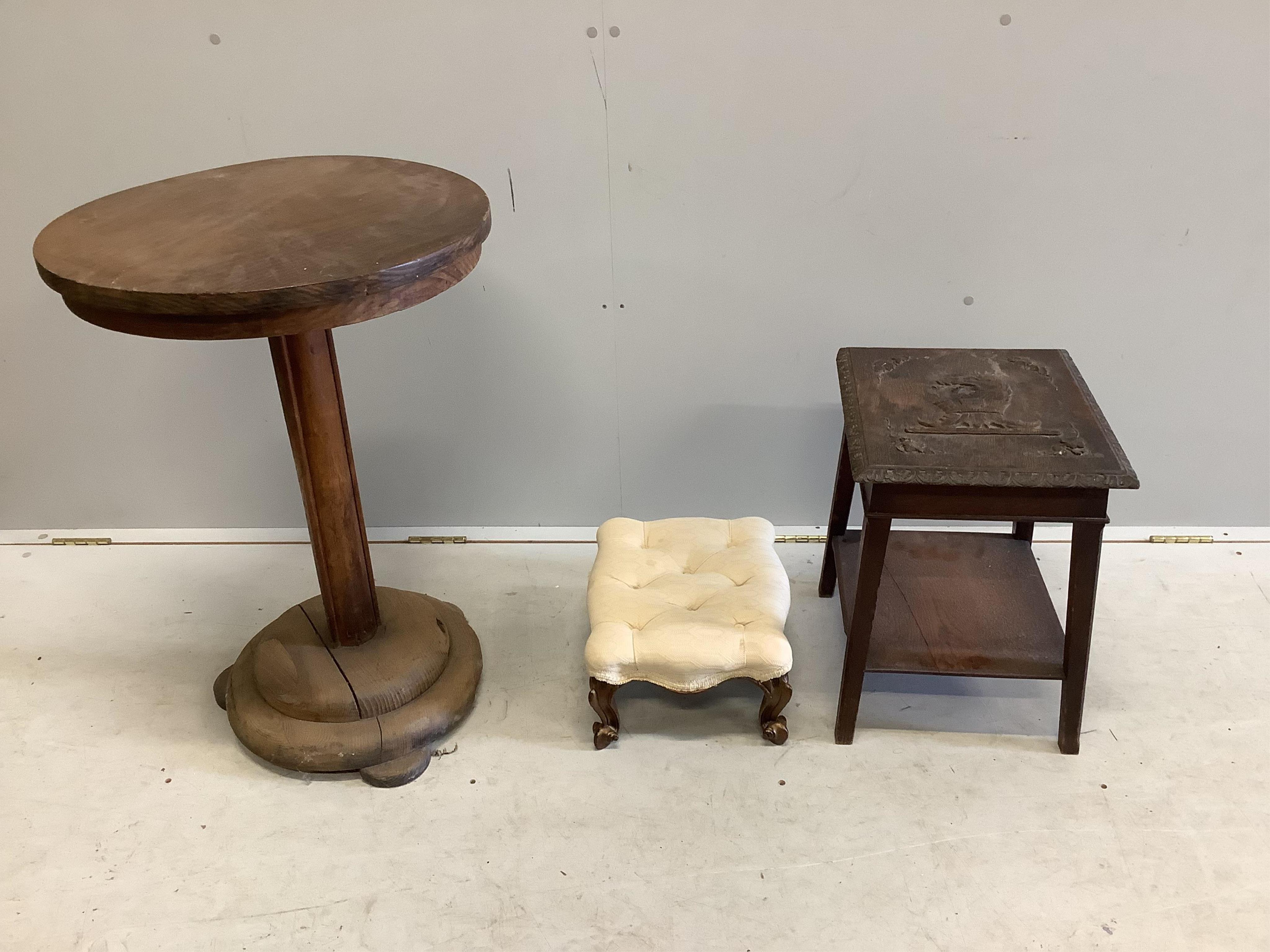 An Edwardian inlaid mahogany plate rack, length 162cm (a.f), together with a Victorian footstool, a carved two tier table and a circular occasional table. Condition - poor to fair